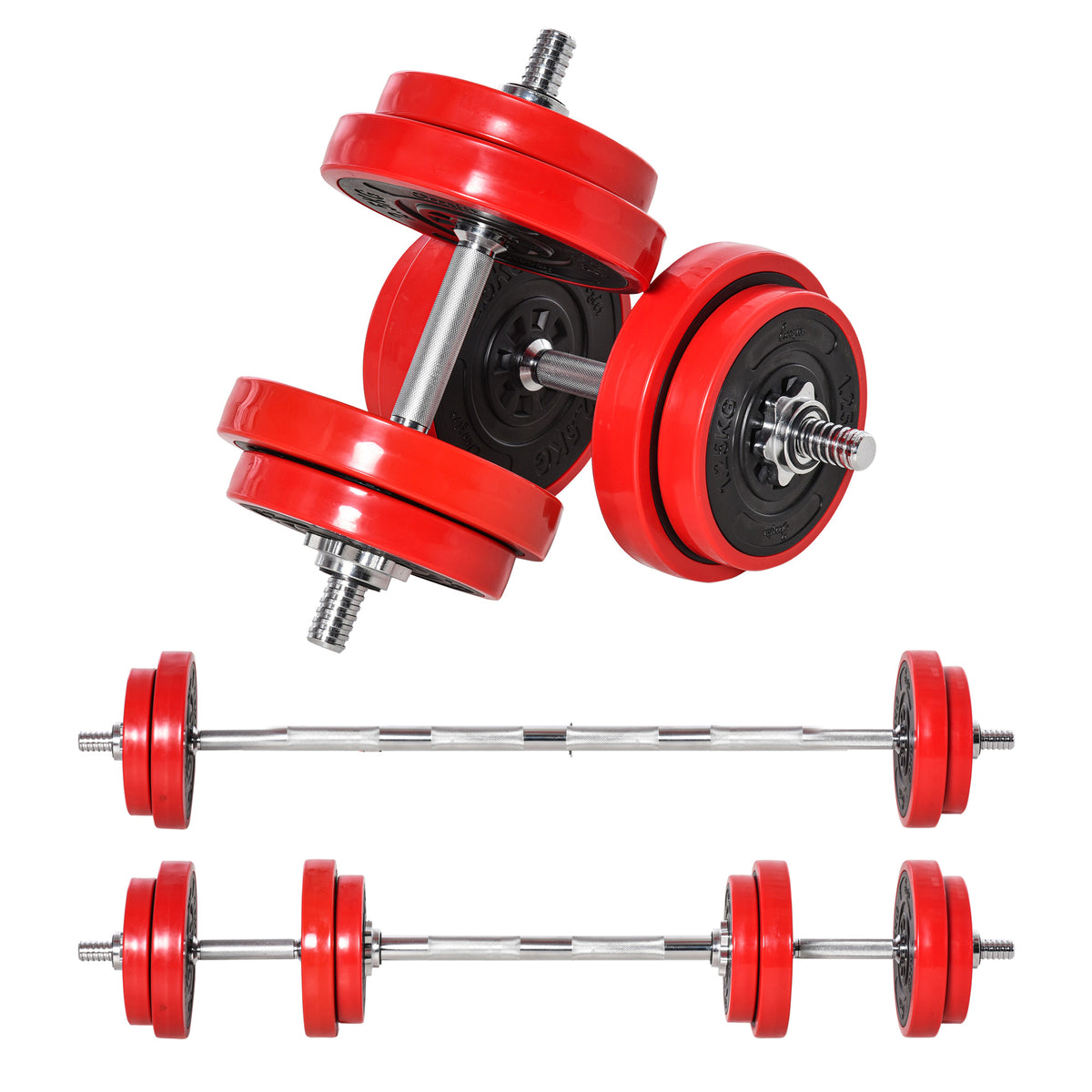 HOMCOM Hantelset 20/30KGS 2-IN-1 Hanteln&Langhanteln verstellbar Gewichtheben für Zuhause Fitness Muskel Rot+Schwarz 21,5 x 21,5 x 3,8 cm