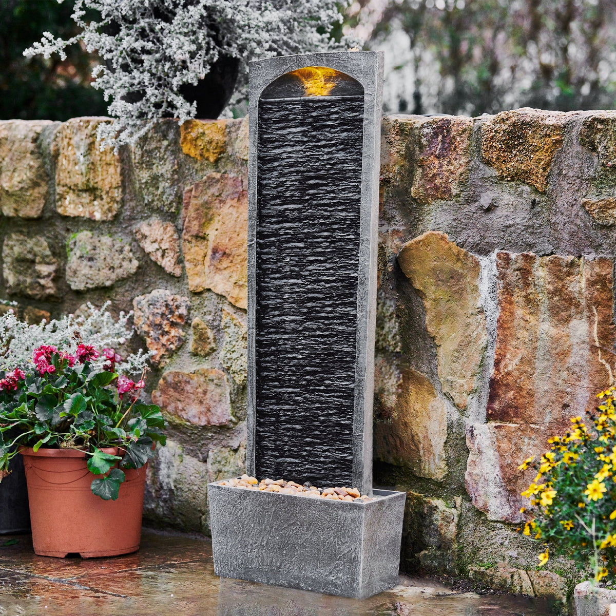 Teamson Home 38.5" Faux Slate Contemporary Outdoor LED Waterfall Fountain with Pebble Base, Red Rock