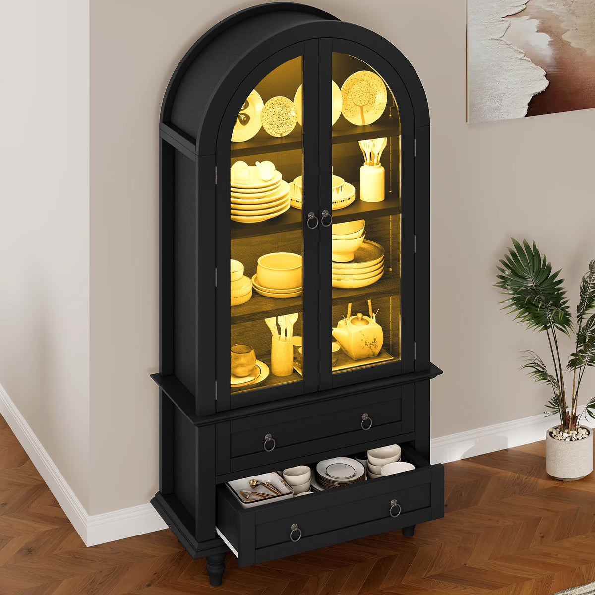 Uforic 73" Arched Pantry Cabinet with LED Light, Drawers, Shelves, Farmhouse Kitchen Storage, Black