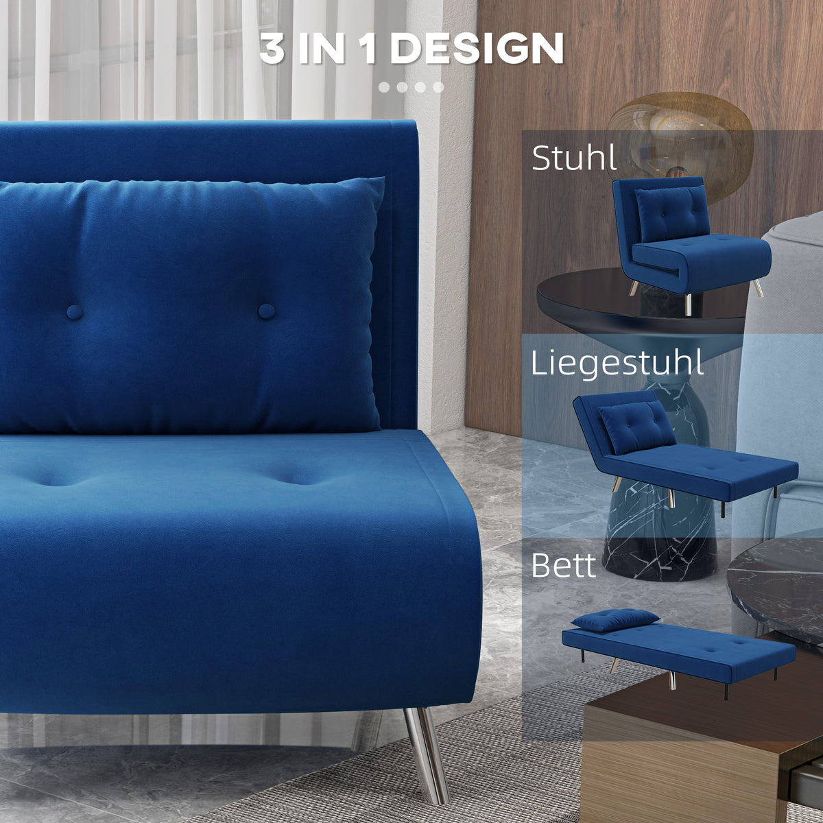 HOMCOM Liegesessel Sessel mit Liegefunktion Schlafsessel, Knopfheftung, Leinenoptik, 77 cm x 88 cm x 83 cm, Blau