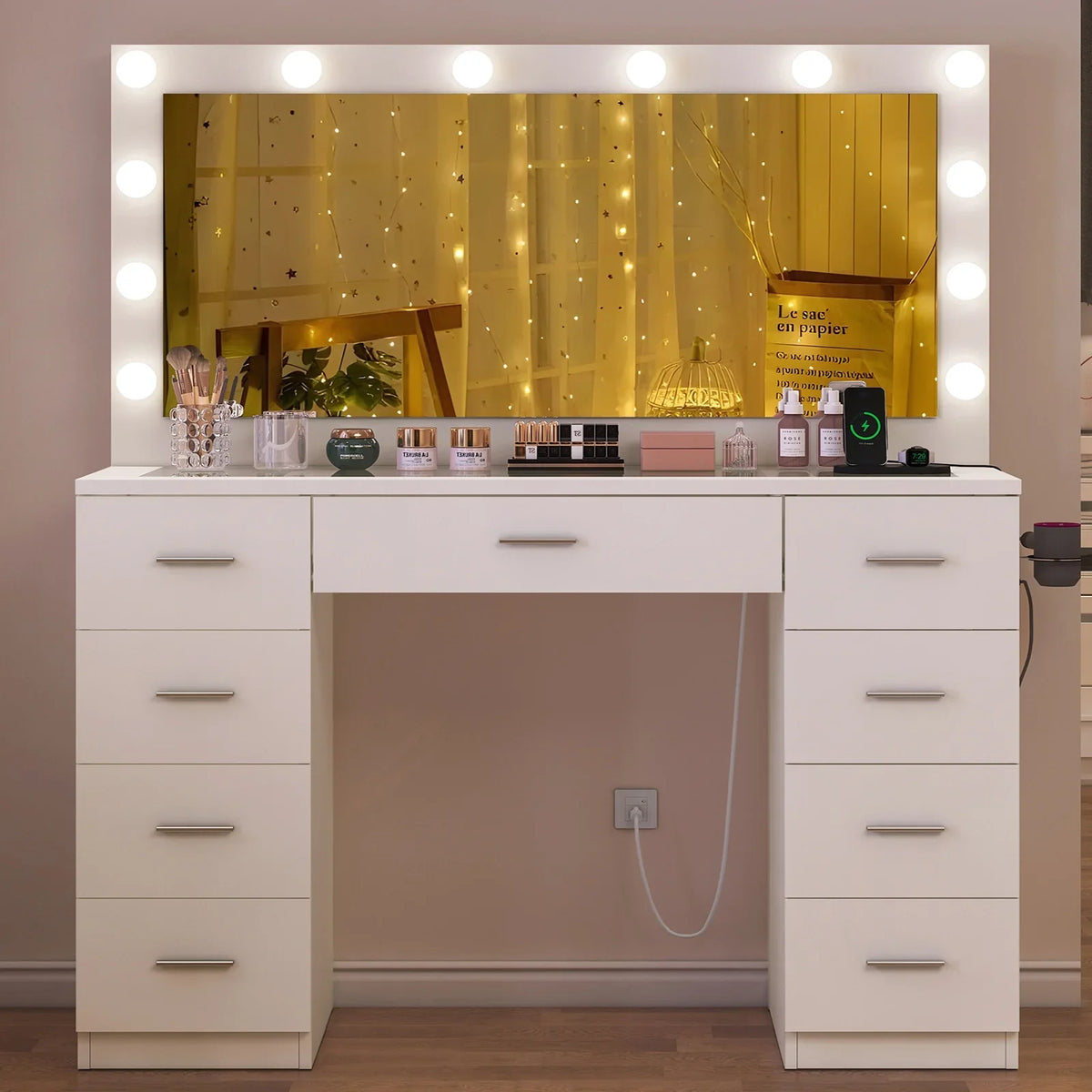 TEENFON 46" Vanity Desk with Large Lighted Mirror and Power Outlet, Makeup Vanity with 9 Drawers and Glass Desktop, Vanity Table for Bedroom, White