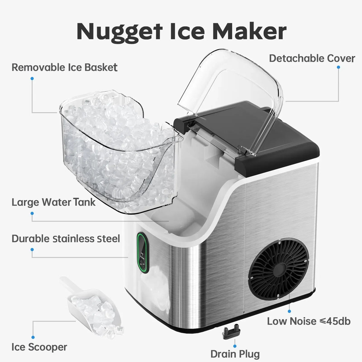 Philergo Nugget Ice Maker Countertop, Pebble Ice Maker Machine with Self-Cleaning, 35lbs/24hr, Soft Chewable Pellet Ice Maker for Home, Kitchen, Stainless Steel