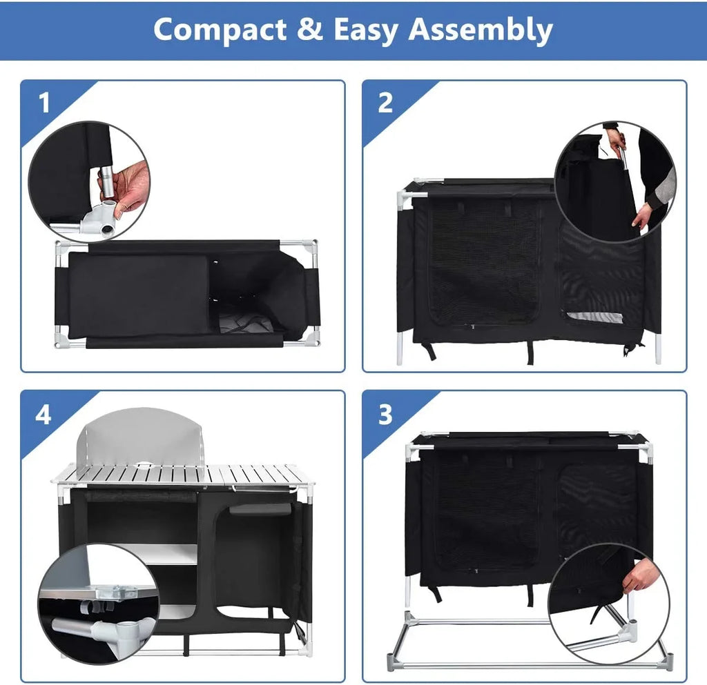 Portable Camping Kitchen Table, Camping Grill Table w/Windscreen & Storage Organizer, Outdoor Kitchen Cook Station with Basin for BBQ, Party, Picnics, Backyards, BBQ Table