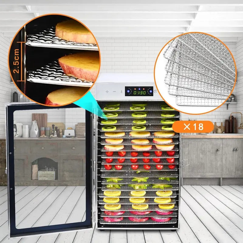 18-Tray Stainless Steel Food Dehydrator – Touchscreen Controls, Precise Temp & Timer Settings for Jerky, Herbs, Fruits & More