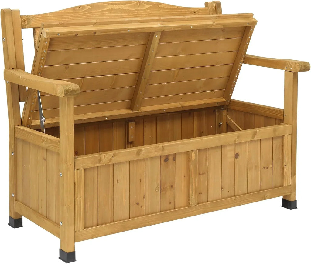 Outvita Outdoor Wood Storage Bench, Wooden Large Deck Box with Seating & Armrest, Waterproof Patio Organizer Loveseat for Garden Porch Deck Backyard Poolside, Natural