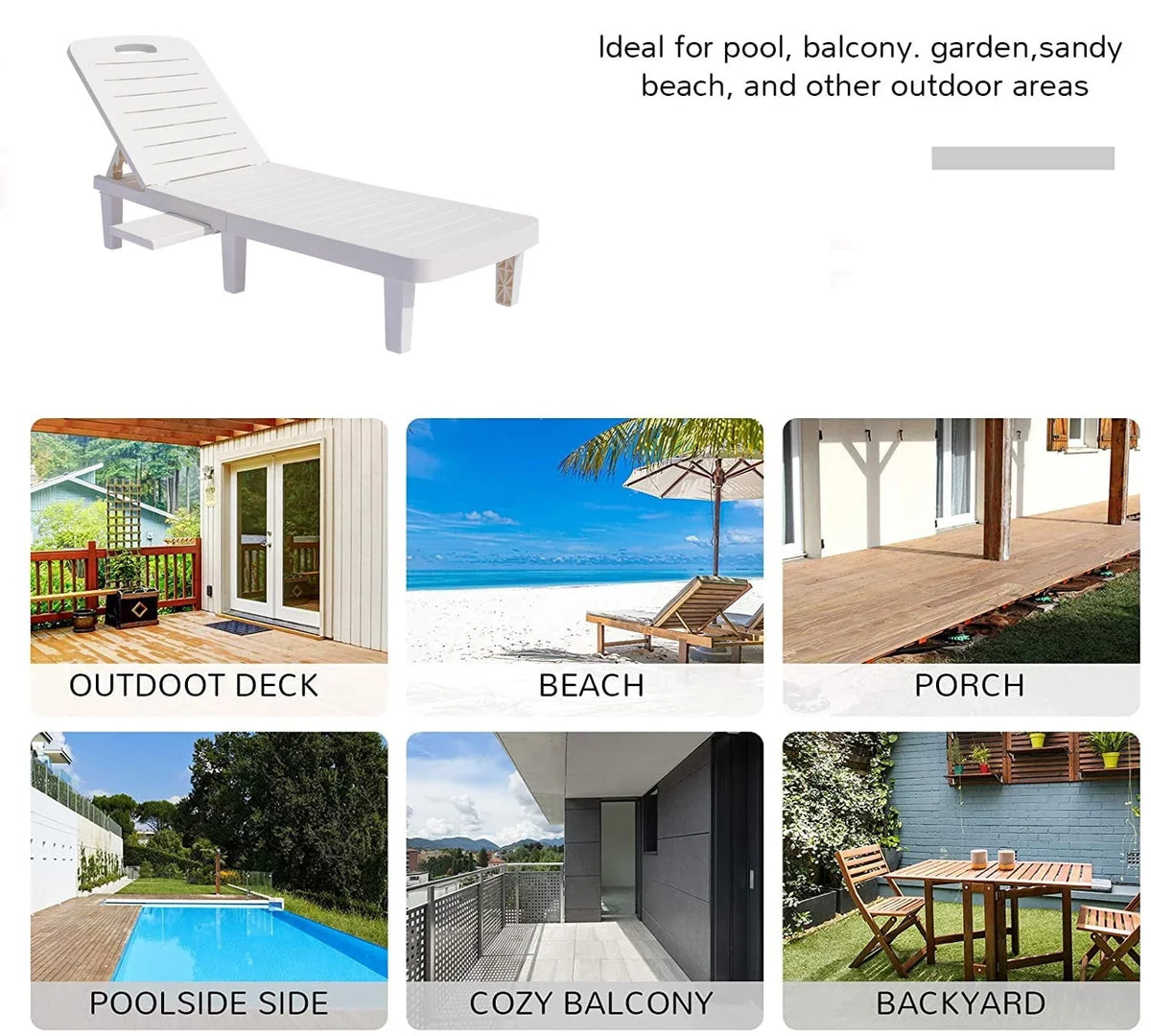 Patio Lounge Chair Set of 2, Adjustable Chaise with Side Table, Outdoor Lounger Recliner for Poolside, Patio, Backyard, Wood Texture Design | Waterproof | Easy to Assemble | Max Weight 330 lbs White