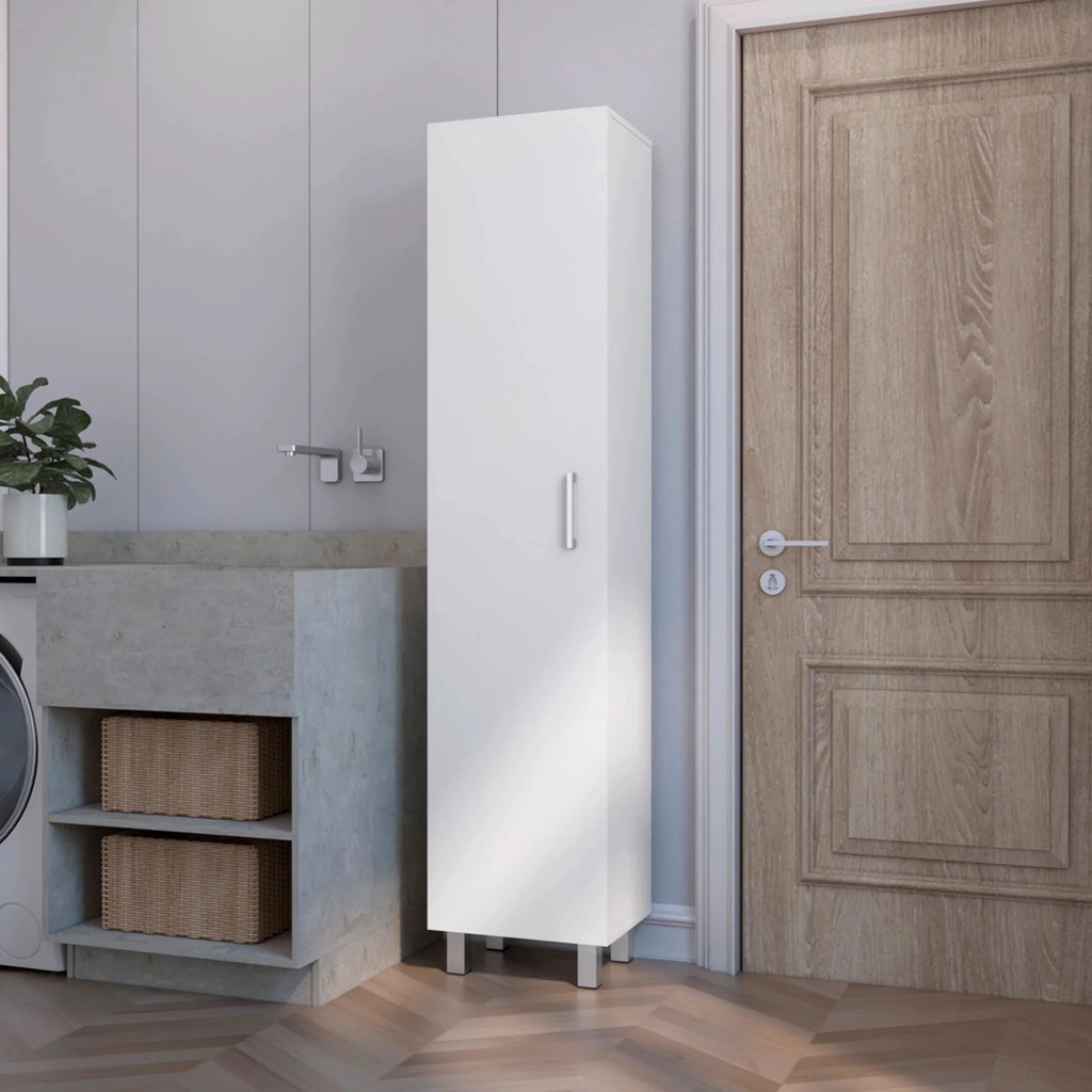FM FURNITURE Clarno Tall Storage Cabinet, Single Door with Broom Hangers, White