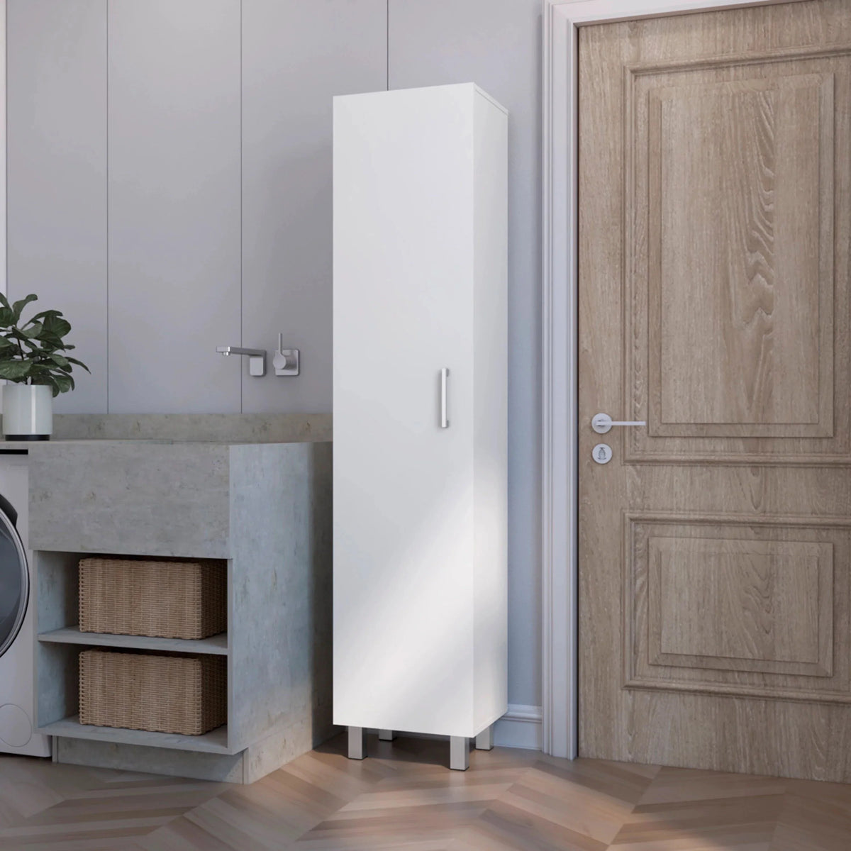 FM FURNITURE Clarno Tall Storage Cabinet, Single Door with Broom Hangers, White