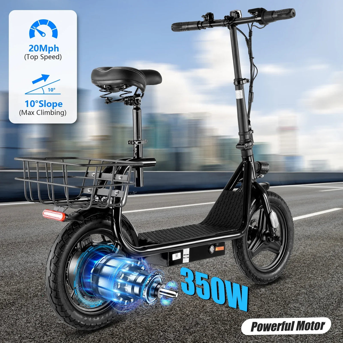 SANOPY 350W Electric Scooter with Seat for Adults, 15 Miles Range 20 Mph, 36V 5.2Ah Battery Moped, 14" Big Tire Commuter Electric Bike with Shock Absorbing, Black