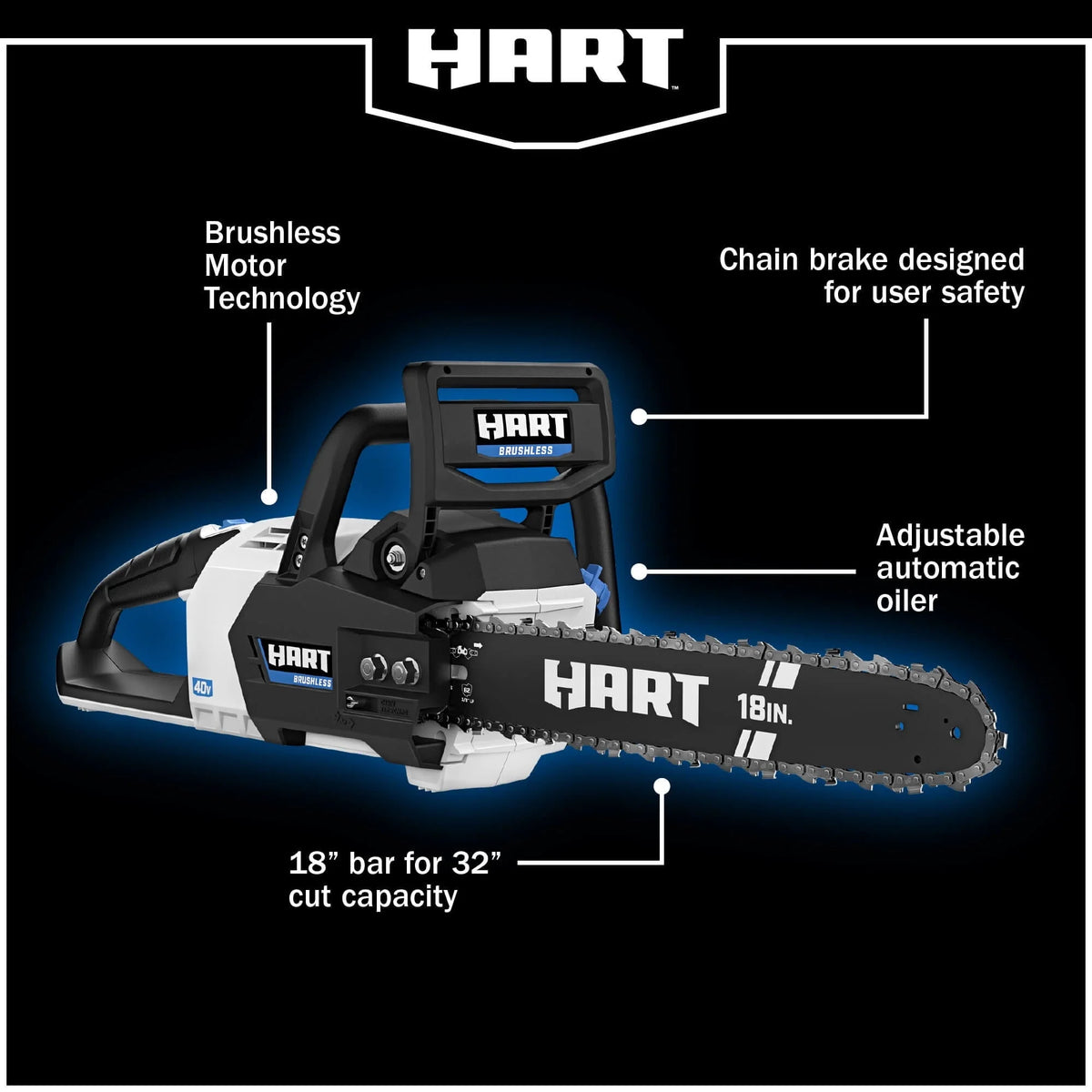 HART Cordless 40 - Volt SUPERCHARGE Brushless 18 - Inch Chainsaw, (1) 6.0ah Lithium - Ion Battery