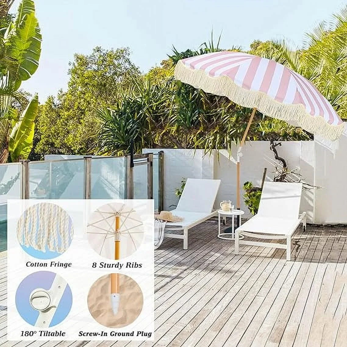 Pink and White Stripped Hexagon Patio Umbrella
