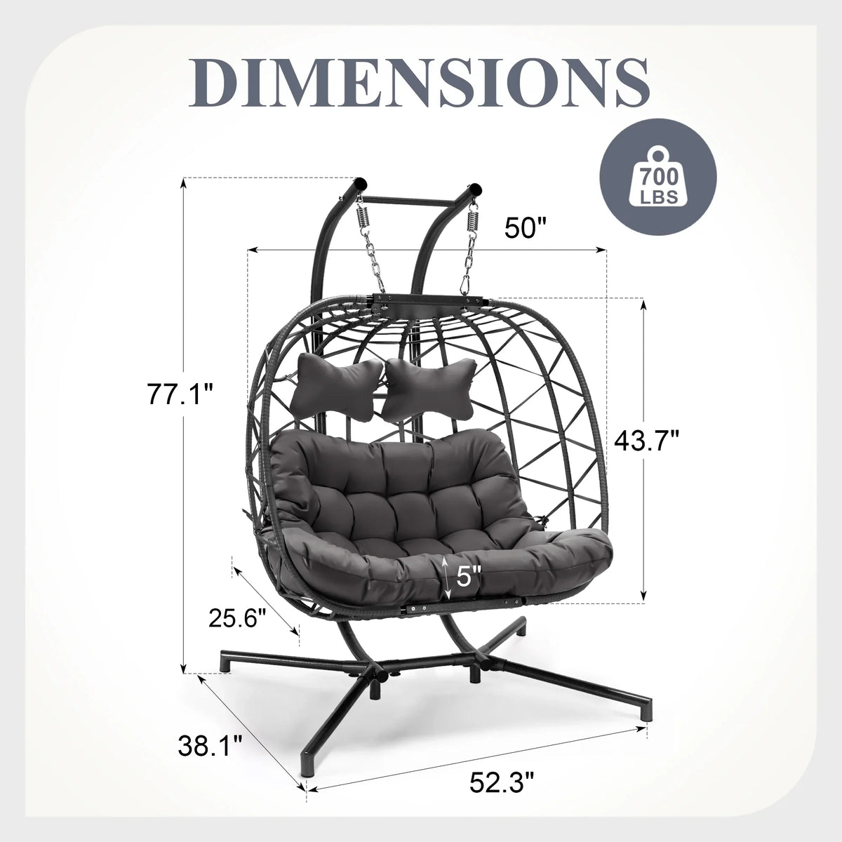 RADIATA Double Wicker Egg Swing Chair with Stand, 2-Person Hanging Egg Chair for Indoor/Outdoor, 700lbs Capacity, Thick Cushions & Headrest,Sturdy Metal Frame��Dark Gray