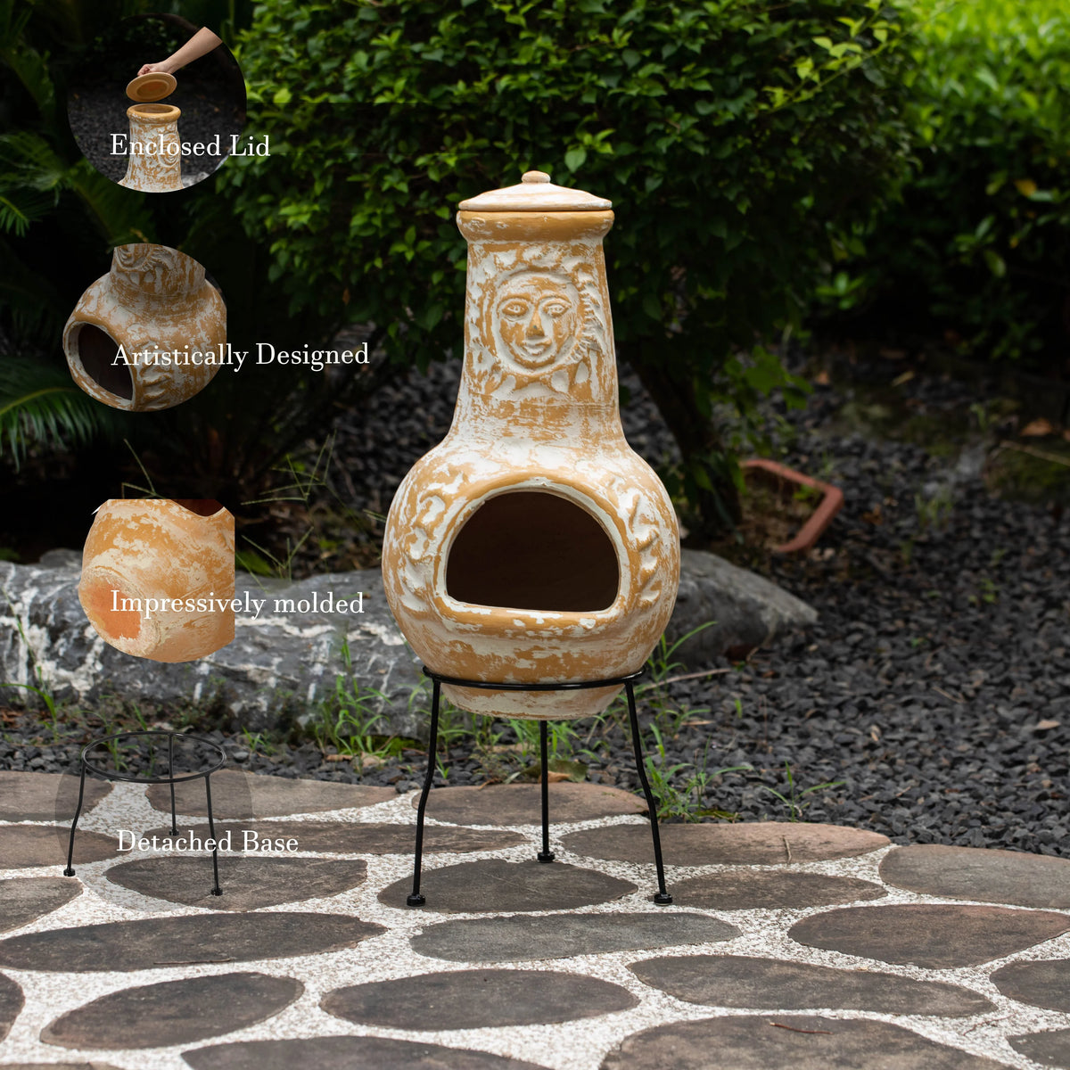 Vintiquewise QI004631.TC Outdoor Clay Chiminea Fireplace Sun Design Wood Burning Fire Pit with Sturdy Metal Stand, Barbecue, Cocktail Party, Cozy Nights Fire Pit, Terra Cotta