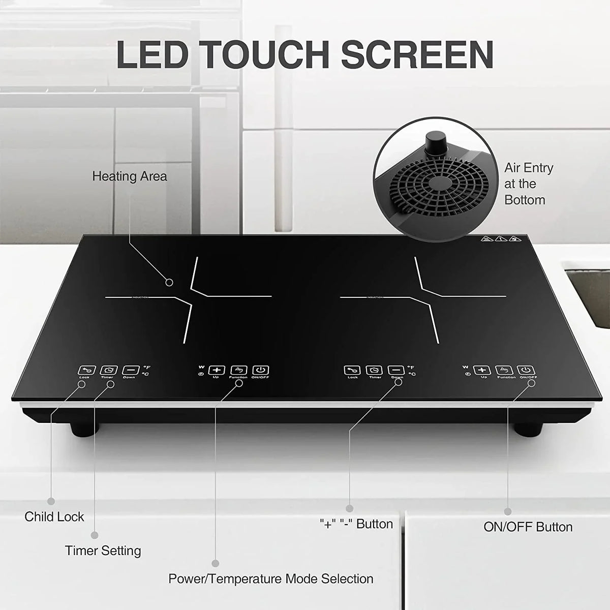VBGK Double Induction Cooktop 24 Inch Electric Countertop 2 Burner 110V Electric Hot Plate,3H & Auto Shutdown Induction Burner,Child Lock Electric Cooktop 4000W