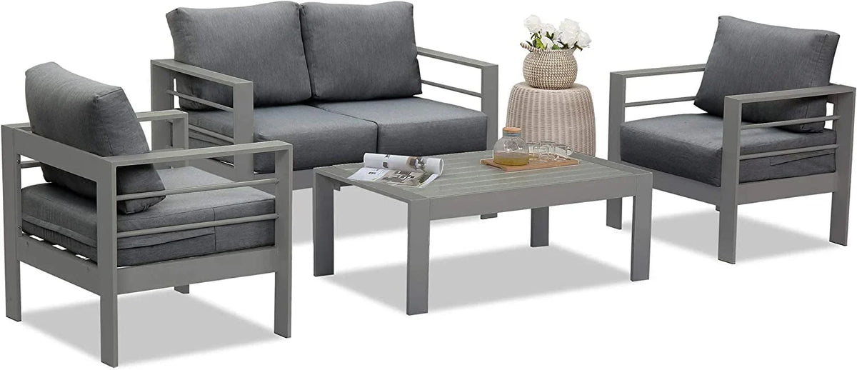Superjoe Patio Furniture Aluminum Sofa All-Weather Outdoor 3 Seats Couch Gray Metal Chair with Dark Grey Cushions