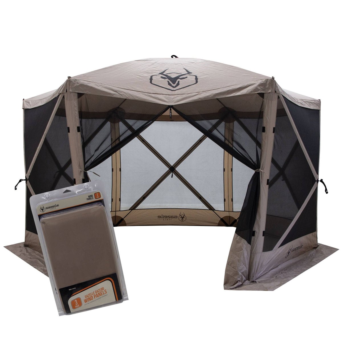 Gazelle Tents G6 6-Sided Portable Gazebo, Pop-Up Hub Screen Tent, Desert Sand, Includes Free 3 Pak of Wind Panels, Gk908, Beige