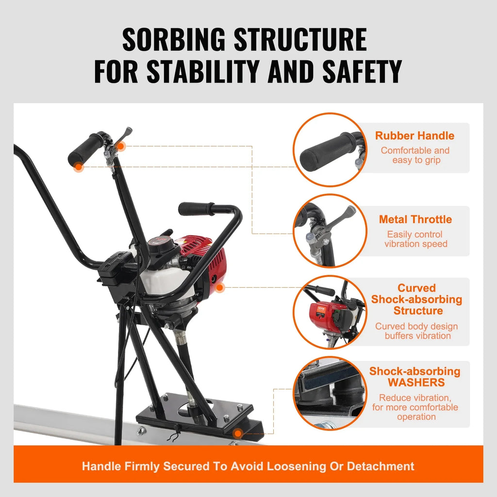 VEVOR Gas Concrete Power Screed, 8ft Aluminum Board Straight Edge Bar Set, 4 Stroke Cement Finishing Vibrating Motor with Height Adjustable Handles, High Efficient Concrete Tools 6500RPM