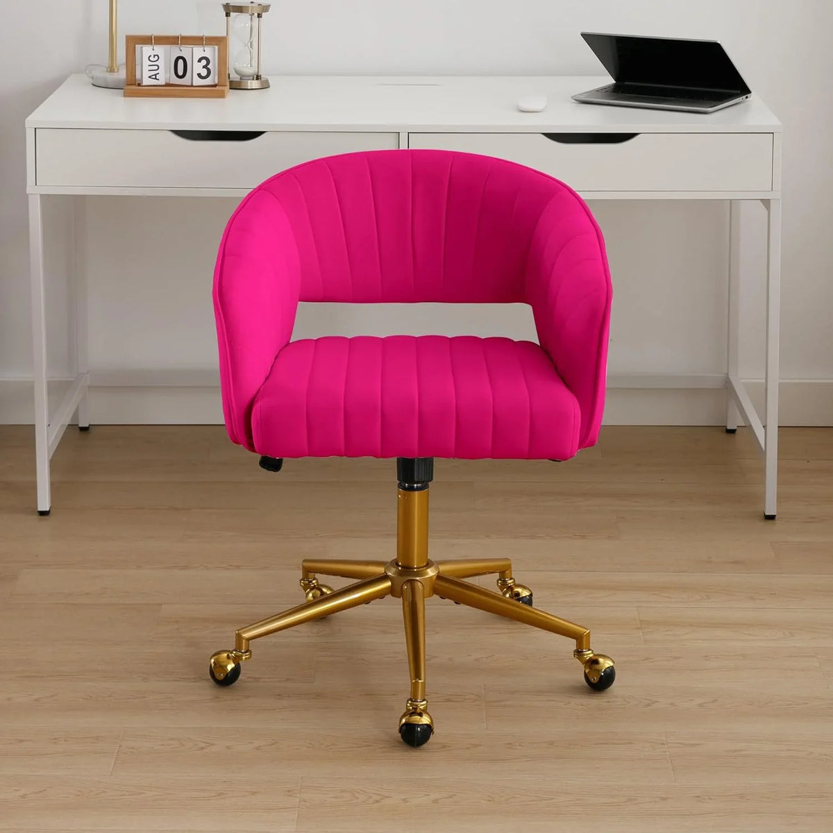 Westice Home Office Desk Chairs, Velvet Task Chair, Height Adjustable Swivel Vanity Chair with Golden Base for Vanity Study, Living Room Computer Room, Beige