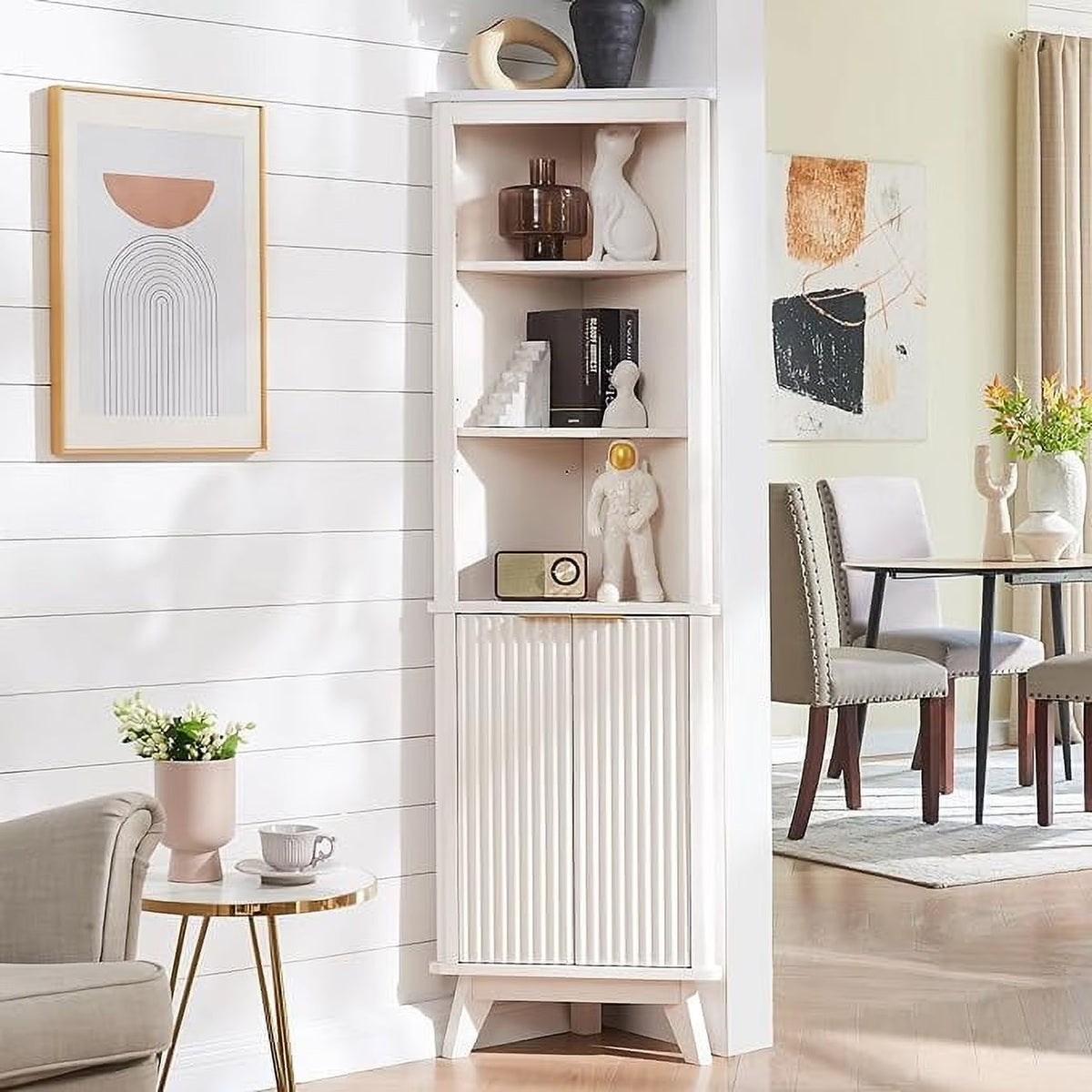 OKD 68" Tall Corner Storage Cabinet with Faux Marble Top and Adjustable Shelves Modern Pantry Curved Profile Bookshelf for Bathroom Kitchen Living Room Dining Room, Off White