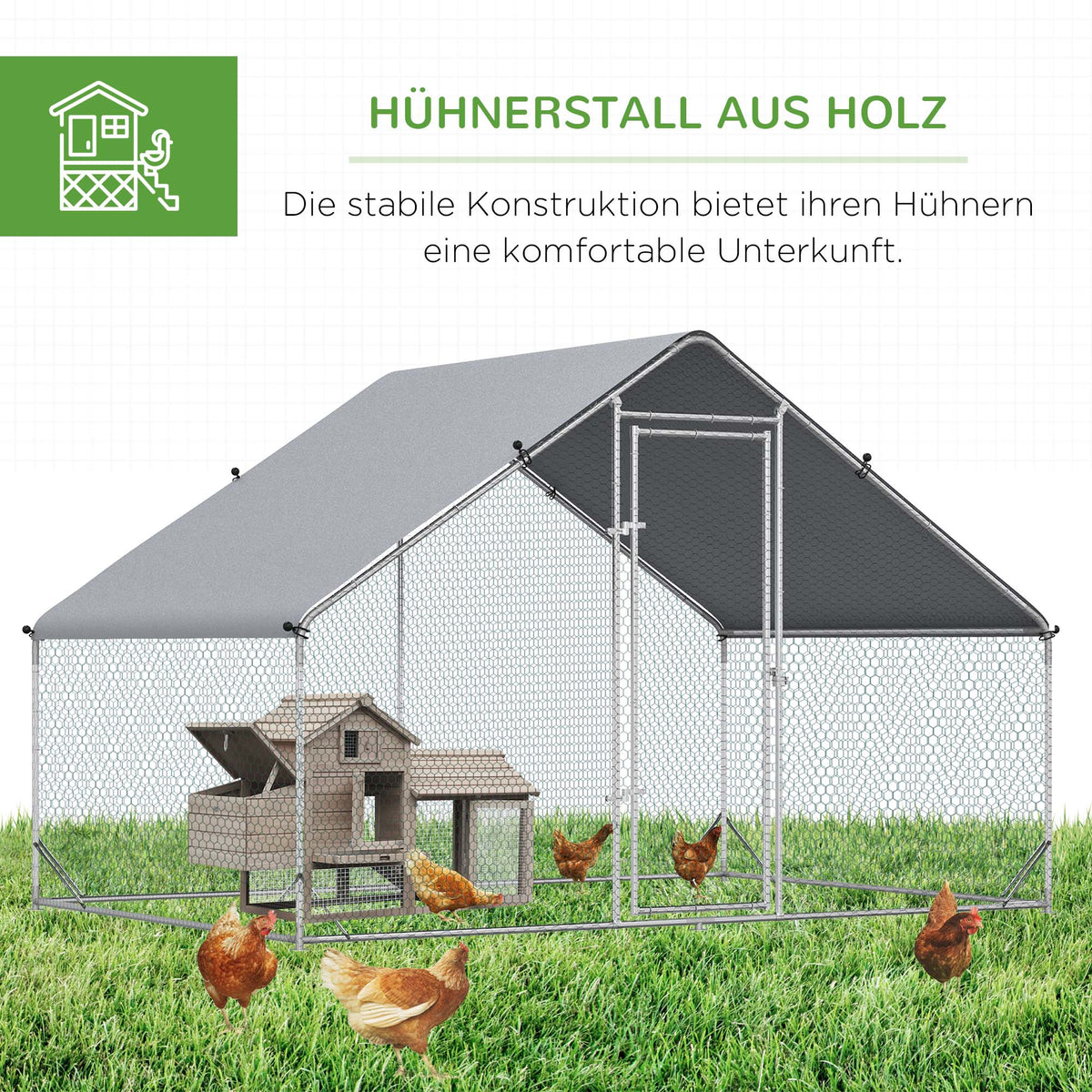 PawHut Hühnerstall, Freilaufgehege, Geflügelstall mit Schattendach, Freigehege für 4-6 Hühner, Enten Kaninchen, 3 x 2 x 2 m