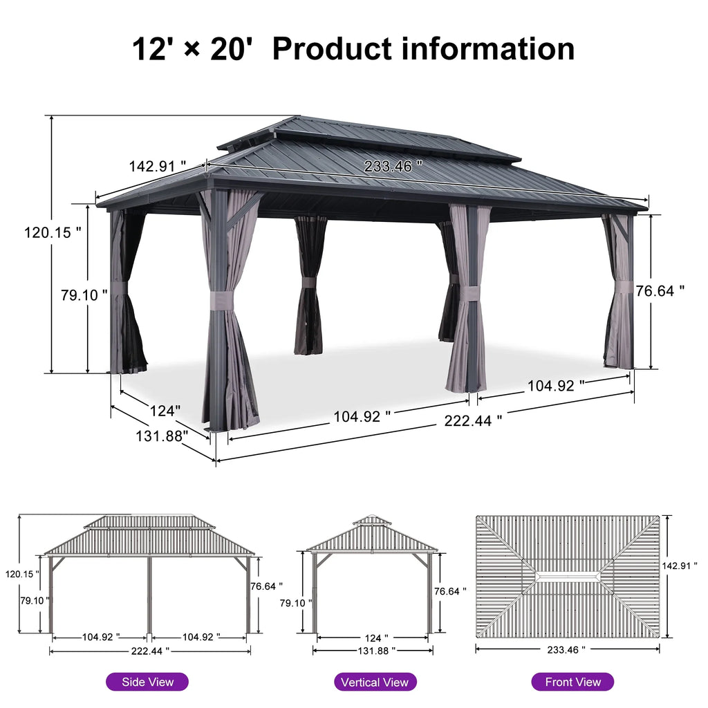 PURPLE LEAF 8' X 8' Gazebo Outdoor Gazebo Permanent Hardtop Gazebo with Galvanized Steel Double Roof for Patio Backyard Deck Aluminum Gazebo with Netting and Curtains Grey