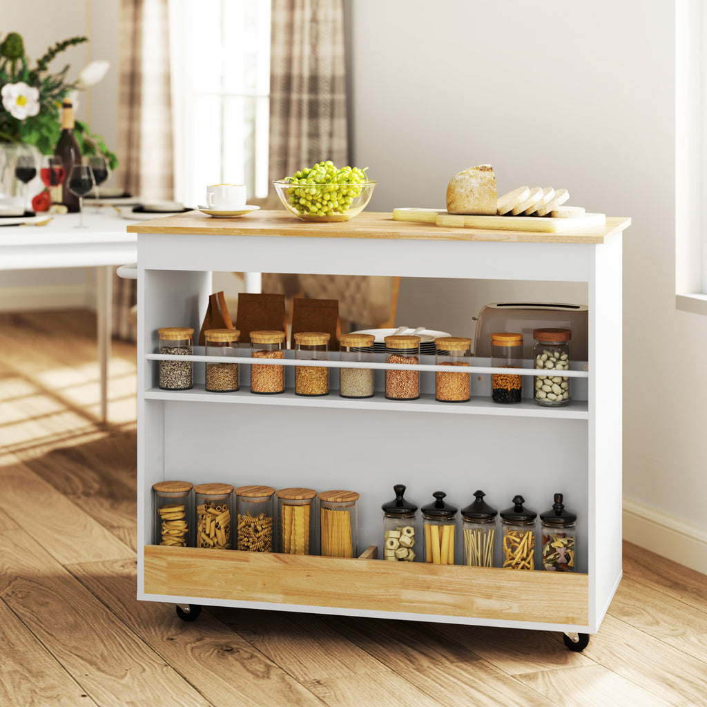 HOMCOM Küchenwagen, Rollbare Kücheninsel, Küchen-Trolley mit Fächern, Schrank und Arbeitsfläche, Weiß