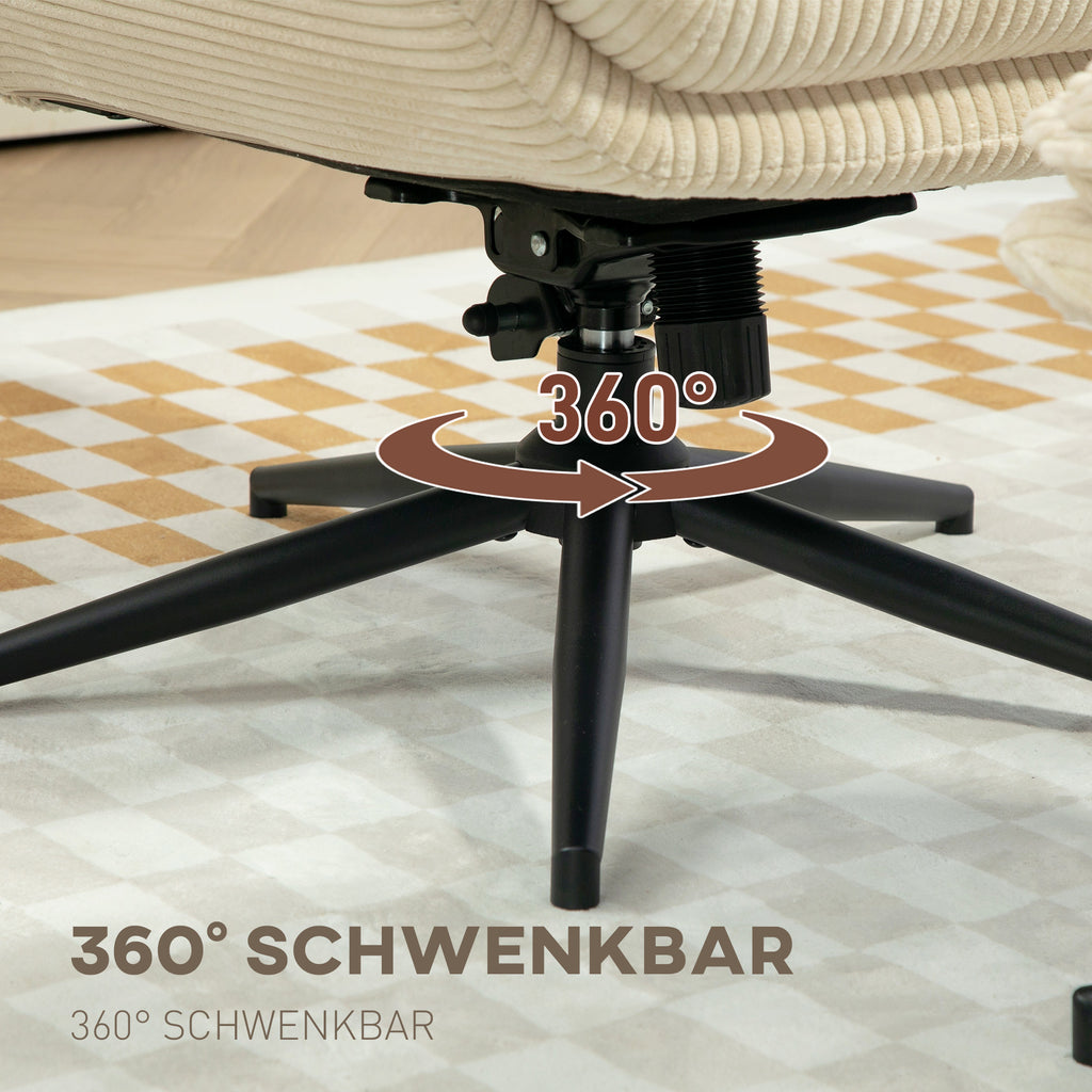 HOMCOM Drehbarer Polstersessel mit Fußhocker, Moderner Recliner-Sessel für Wohnzimmer, Schlafzimmer, Homeoffice, Beige
