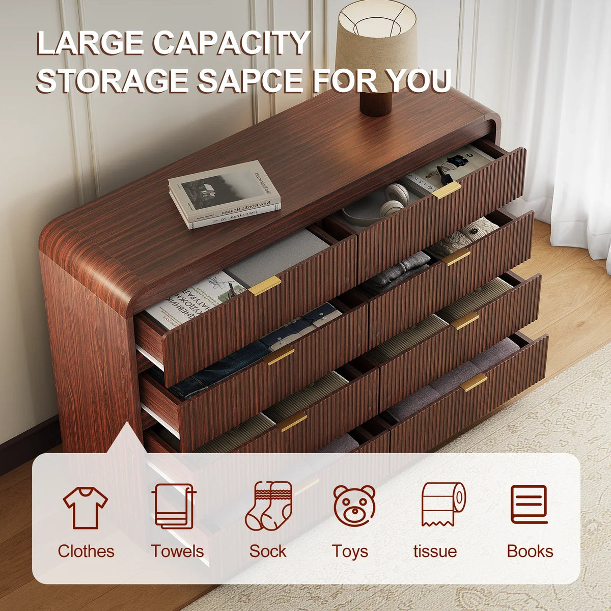 SELOOYE Fluted 5 Drawers Dresser for Bedroom, 47" Tall Modern Dresser Chest of Drawers, Black Accents, Fluted Fronts, Wood Storage Dressers Organizer for Bedroom, Living Room, Natural