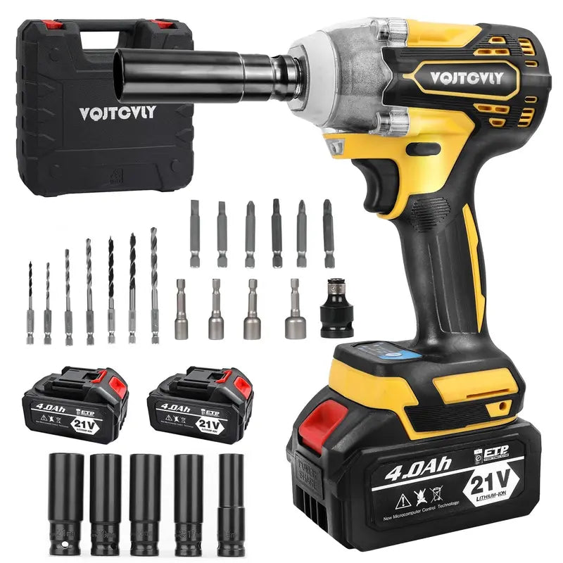 21V Brushless Cordless Impact Wrench 1/2″ with 2x 4.0Ah Batteries, 5 Sockets, 7 Drill Bits – Yellow