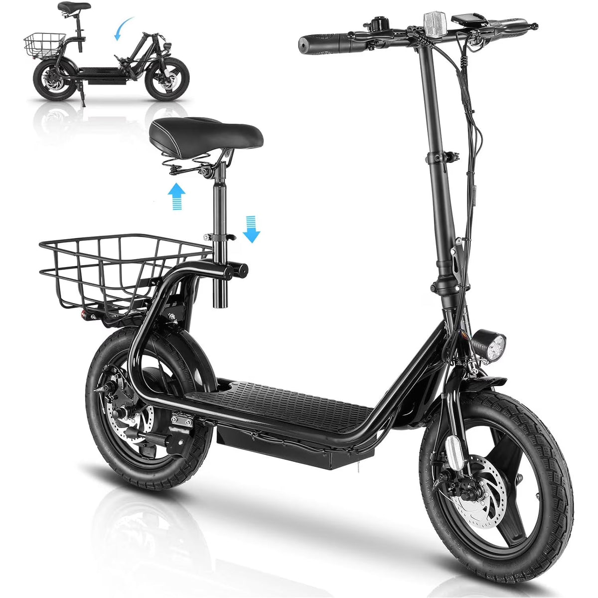 SANOPY 350W Electric Scooter with Seat for Adults, 15 Miles Range 20 Mph, 36V 5.2Ah Battery Moped, 14" Big Tire Commuter Electric Bike with Shock Absorbing, Black