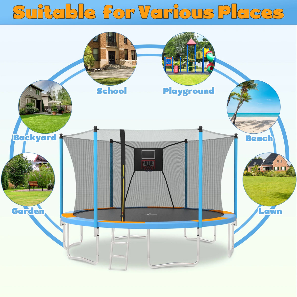 SHINPT 14ft Trampoline for Kids, Outdoor Trampoline with Net, Big Trampoline with Basketball Hoop and Ladder, Heavy Duty Trampoline with No-gap Design, Backyard Trampolines for Adult