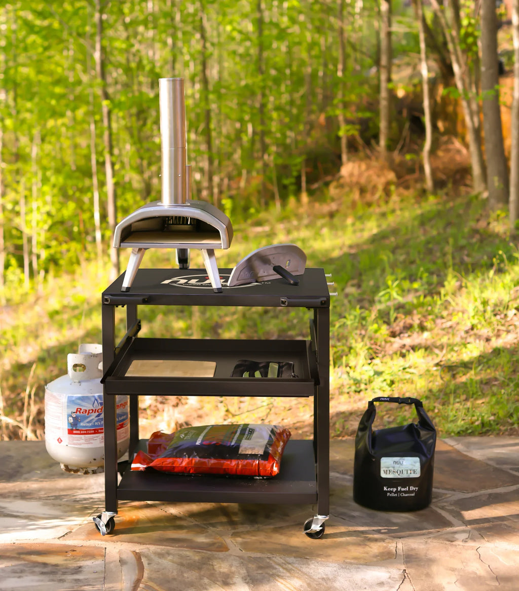NUUK Three-Shelf Heavy Duty Rolling Outdoor Pizza Oven Table, 24" x 30" Steel Commercial Multifunctional Food Prep Worktable on Wheels