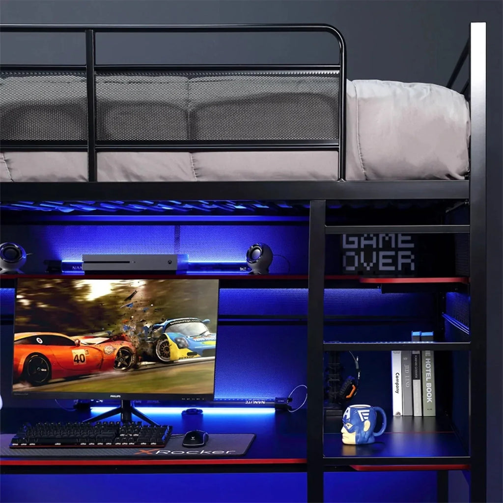 X Rocker Gaming Bunk Bed, Metal, Shelves, Twin, Black, Teen