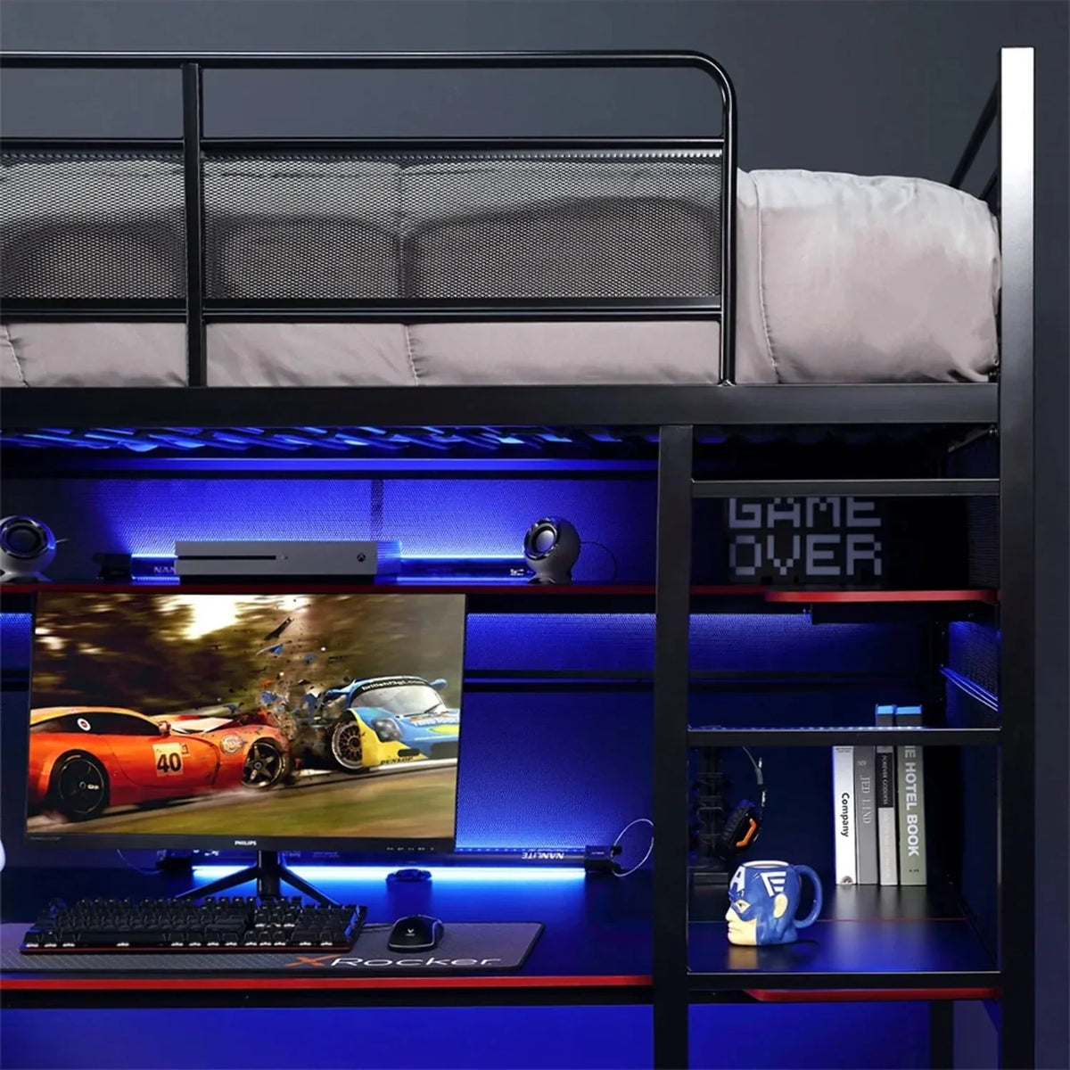 X Rocker Gaming Bunk Bed, Metal, Shelves, Twin, Black, Teen