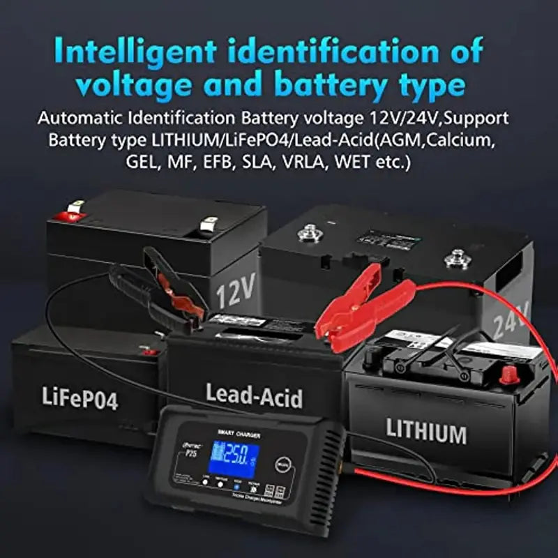 25A Smart Battery Charger – Dual-Voltage (12V/24V), Lithium & AGM Compatible, Trickle/Maintainer/Deep-Cycle Function