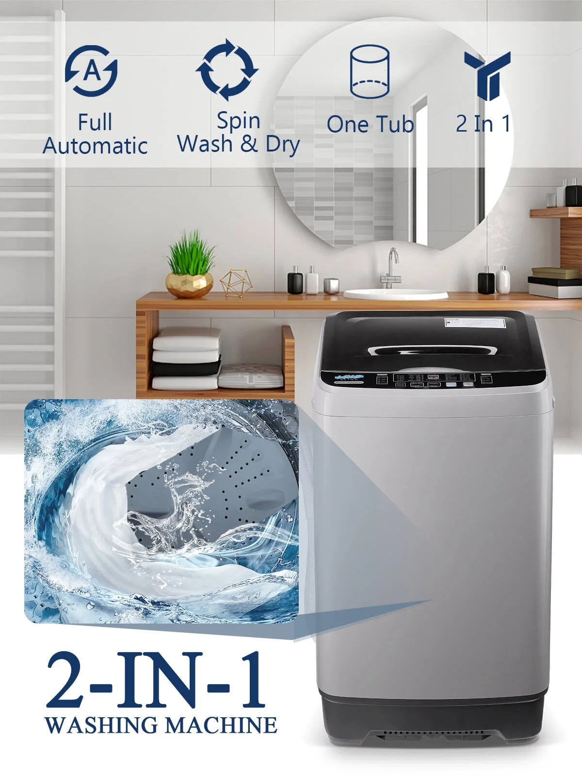 Krib B Full Automatic Washing Machine with Drain Pipe, 17.7 lb Portable Washers with 10 Programs & 8 Water Levels, Suitable for Apartment, Dorm, Grey