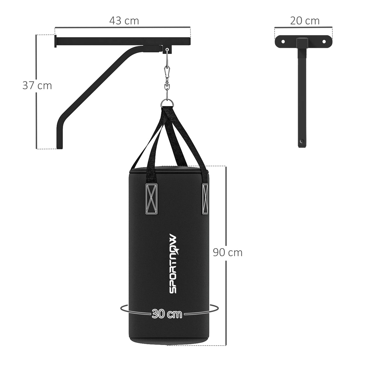 SPORTNOW Boxsack, befüllbar, mit Wandhalterung, Handschuhen und Bandagen, bis 45 kg, Schwarz
