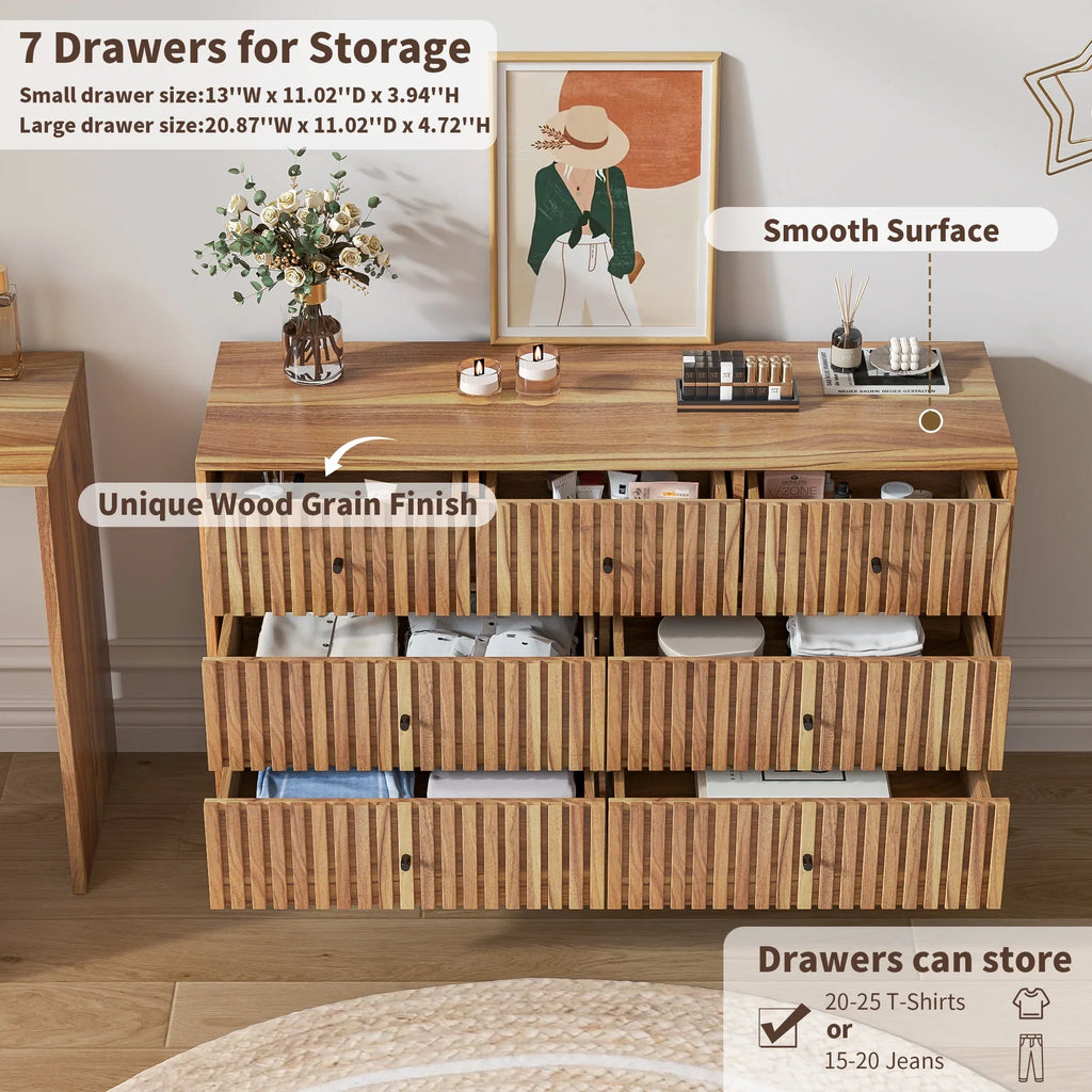 Oubayajia 7 Drawer Double Dresser, Fluted Chest of Drawers, Wood Storage Cabinet for Bedroom, Living Room, Hallway, Walnut