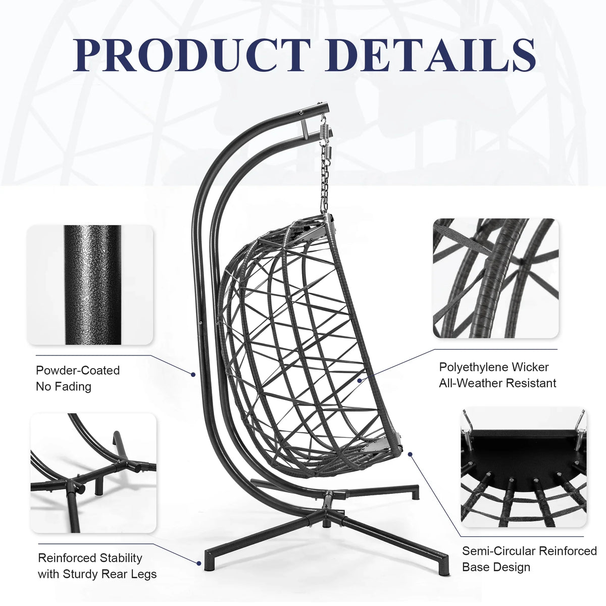 RADIATA Double Wicker Egg Swing Chair with Stand, 2-Person Hanging Egg Chair for Indoor/Outdoor, 700lbs Capacity, Thick Cushions & Headrest,Sturdy Metal Frame��Dark Gray
