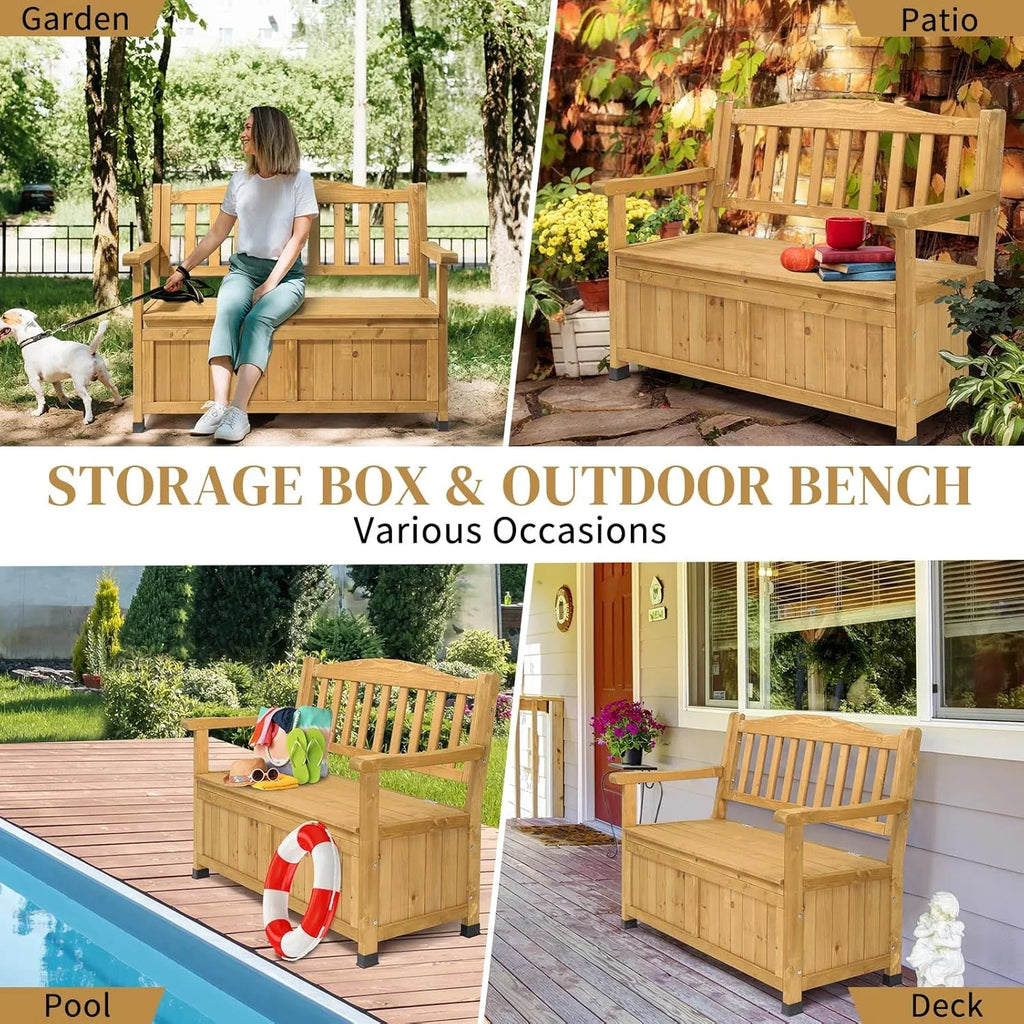 Outvita Outdoor Wood Storage Bench, Wooden Large Deck Box with Seating & Armrest, Waterproof Patio Organizer Loveseat for Garden Porch Deck Backyard Poolside, Natural