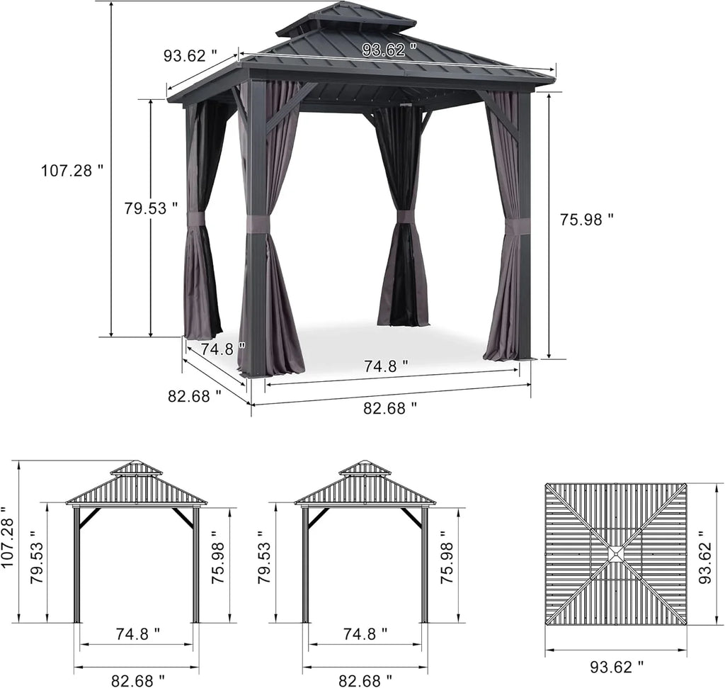 PURPLE LEAF 8' X 8' Gazebo Outdoor Gazebo Permanent Hardtop Gazebo with Galvanized Steel Double Roof for Patio Backyard Deck Aluminum Gazebo with Netting and Curtains Grey
