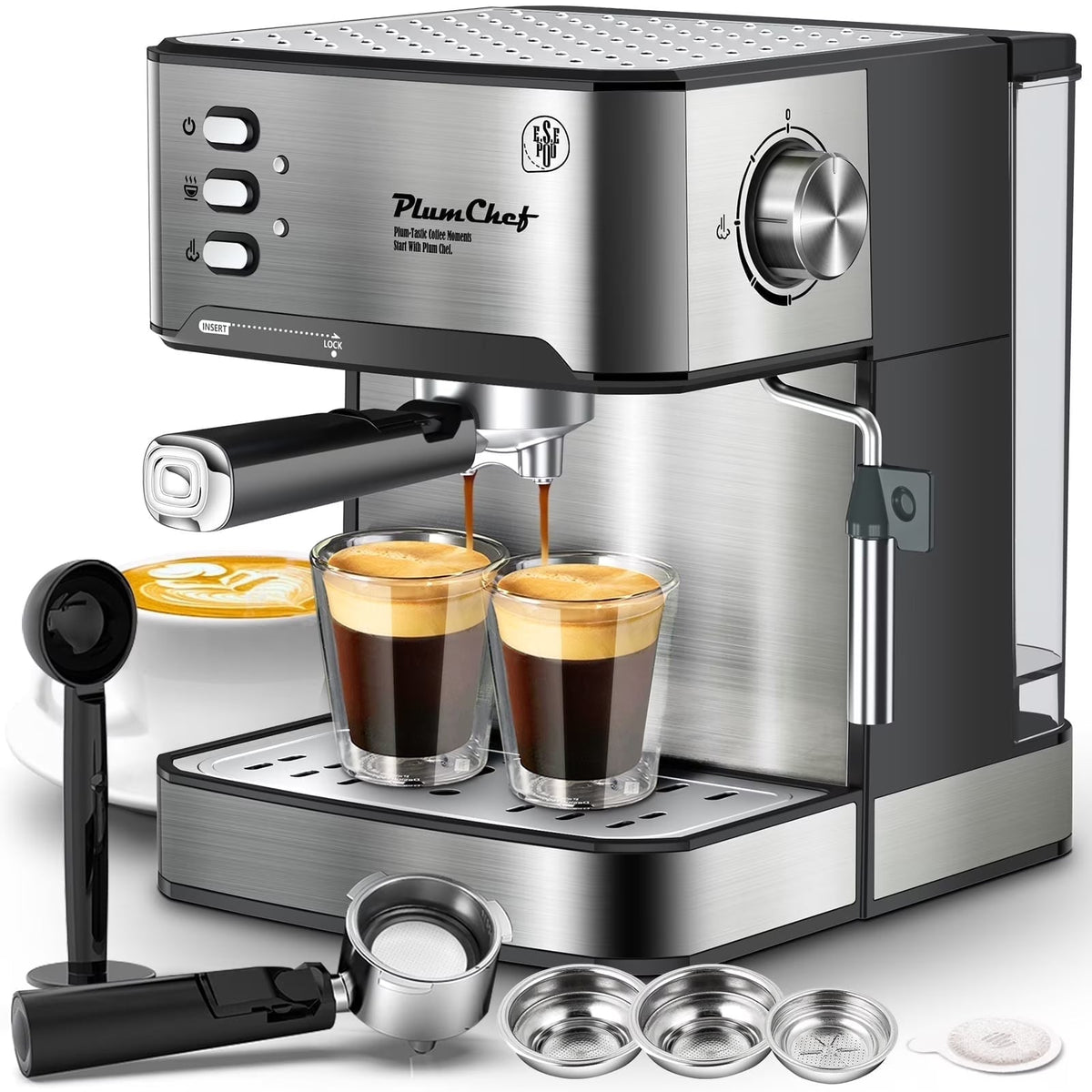 Plum Chef Espresso Machine, 20 Bar Coffee Maker with Foaming Milk Frother Wand, Espresso & Cappuccino Latte Maker Coffee Machine, 850W, 1.6L Removable Water Tank, Black&Silver