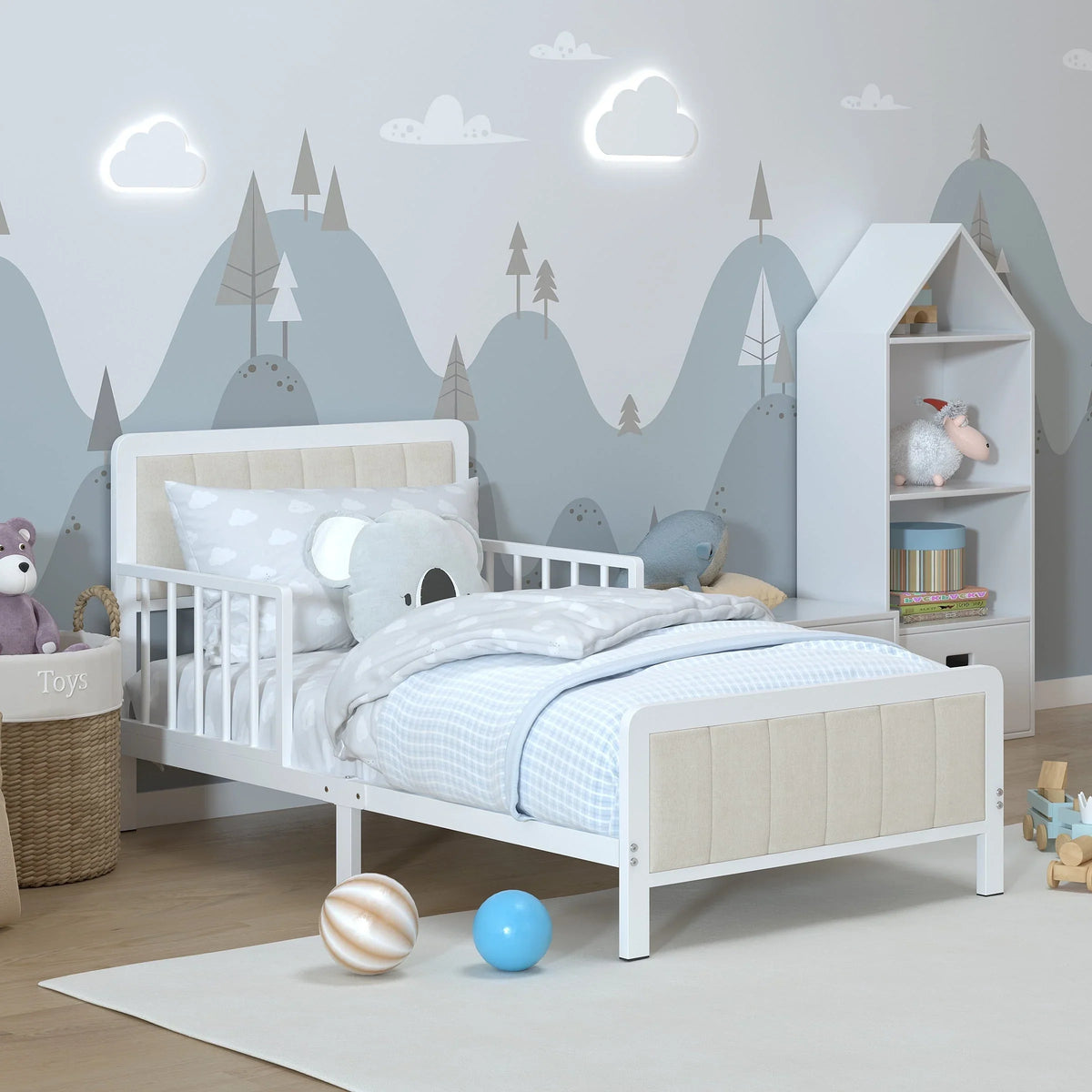 Yoneston Toddler Metal Platform Bed Frame with Guardrails, Children Crib Upholstered Bed Frame for Boys, Girls, Toddler �?White
