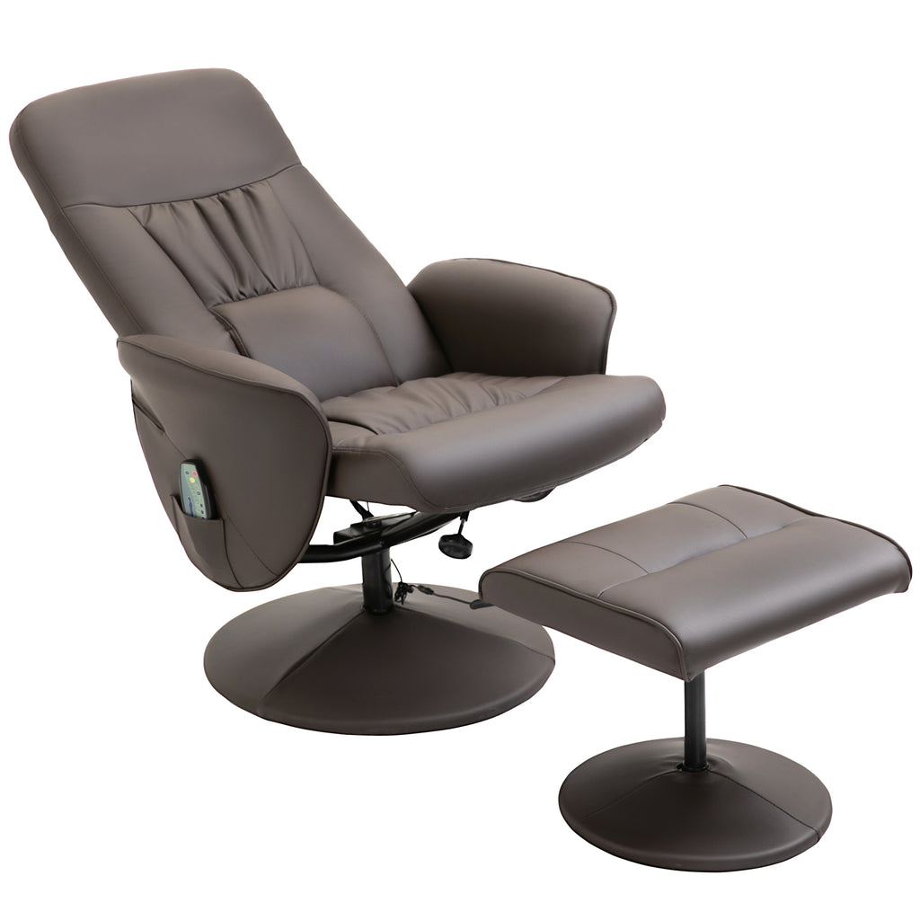 HOMCOM Relaxsessel mit Hocker, drehbarer Fernsehsessel mit 10 Massagepunkte, Liegefunktion, Massagesessel mit Fernbedienung, Seitentasche, TV-Sessel, Kunstleder, Braun