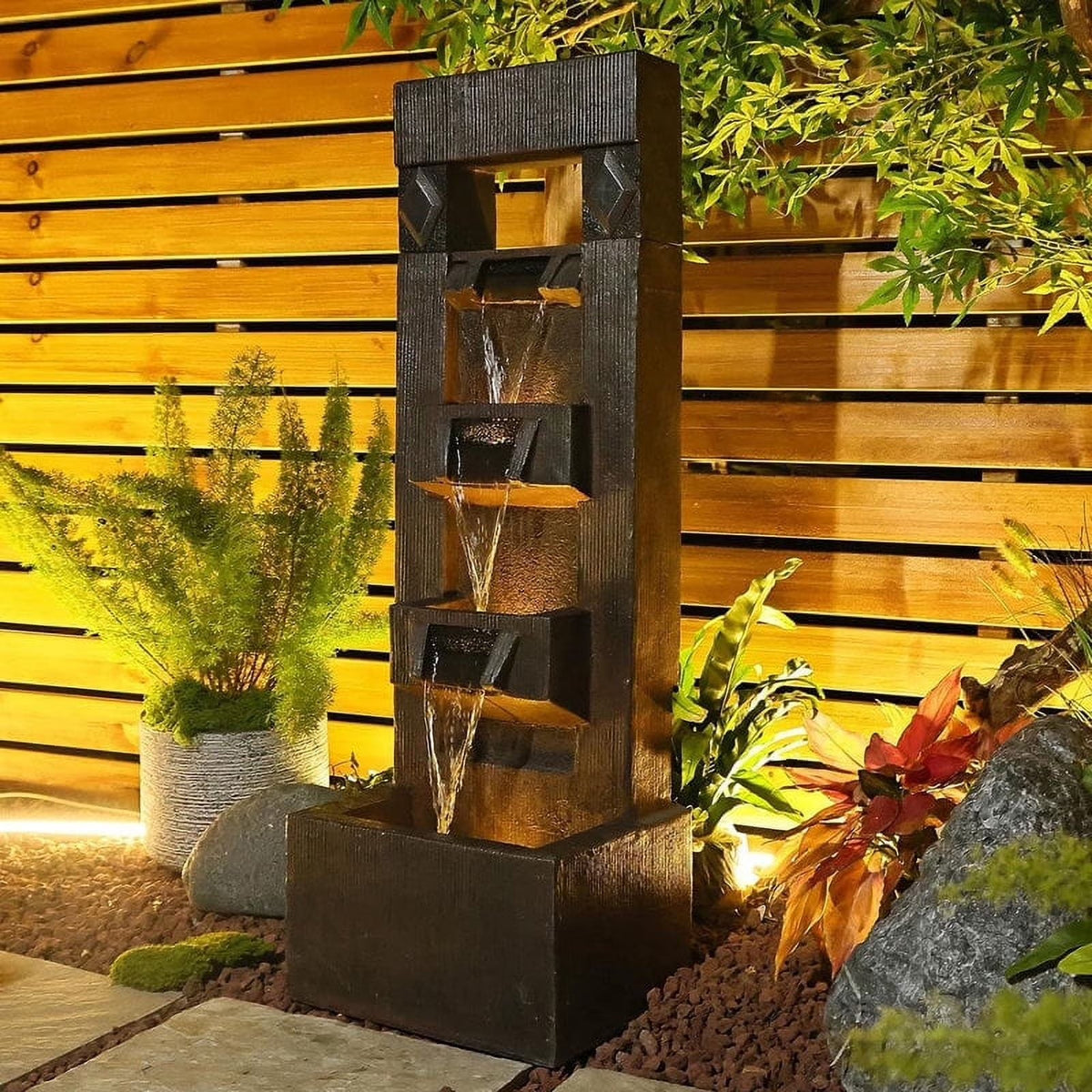Outdoor Fountains and Indoor Waterfalls 4 Floor-Standing Water Fountain Outdoor with LED Lights for Garden, Living Room, Patio, Home Decor