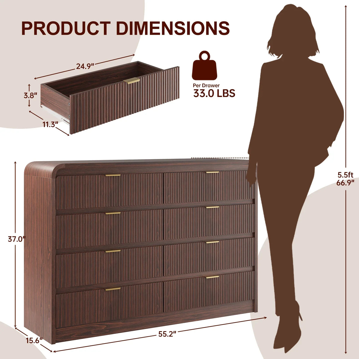 SELOOYE Fluted 5 Drawers Dresser for Bedroom, 47" Tall Modern Dresser Chest of Drawers, Black Accents, Fluted Fronts, Wood Storage Dressers Organizer for Bedroom, Living Room, Natural