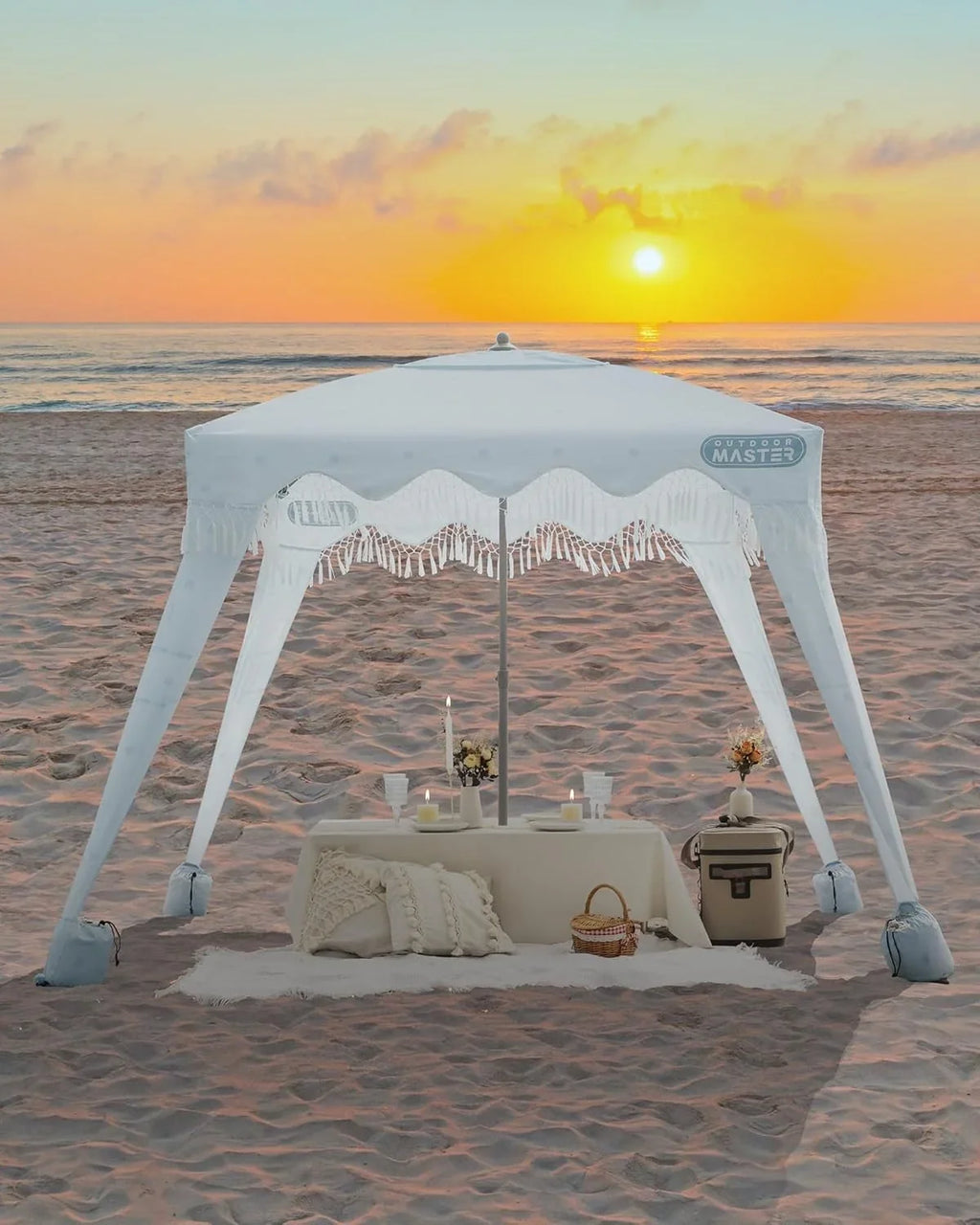 OutdoorMaster Beach Cabana with Fringe, Portable 6' x 6' Beach Canopy, Easy Set Up Beach Shelter, Included Side Wall, UPF 50+ UV Protection Sun Umbrella - for Kids, Family & Friends