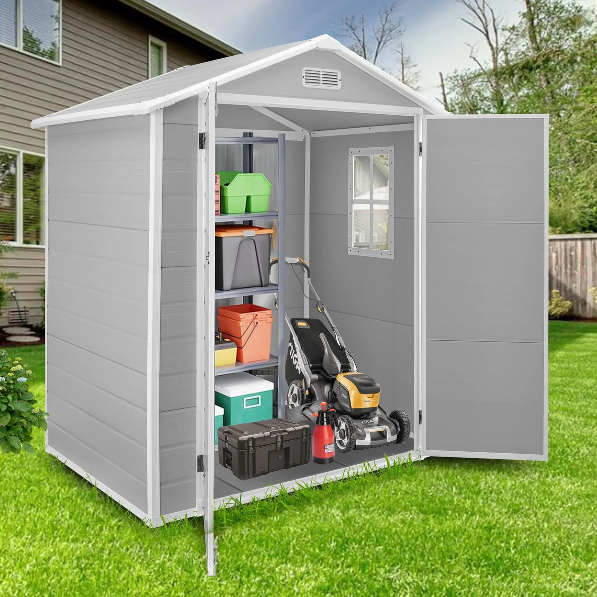 Outdoor Shed & Storage, Seizeen All-Weather Plastic Sheds 82'' H, Sloped Top Garden Shed with Window, Heavy-Duty Resin Outdoor Storage W/Floor, Gray