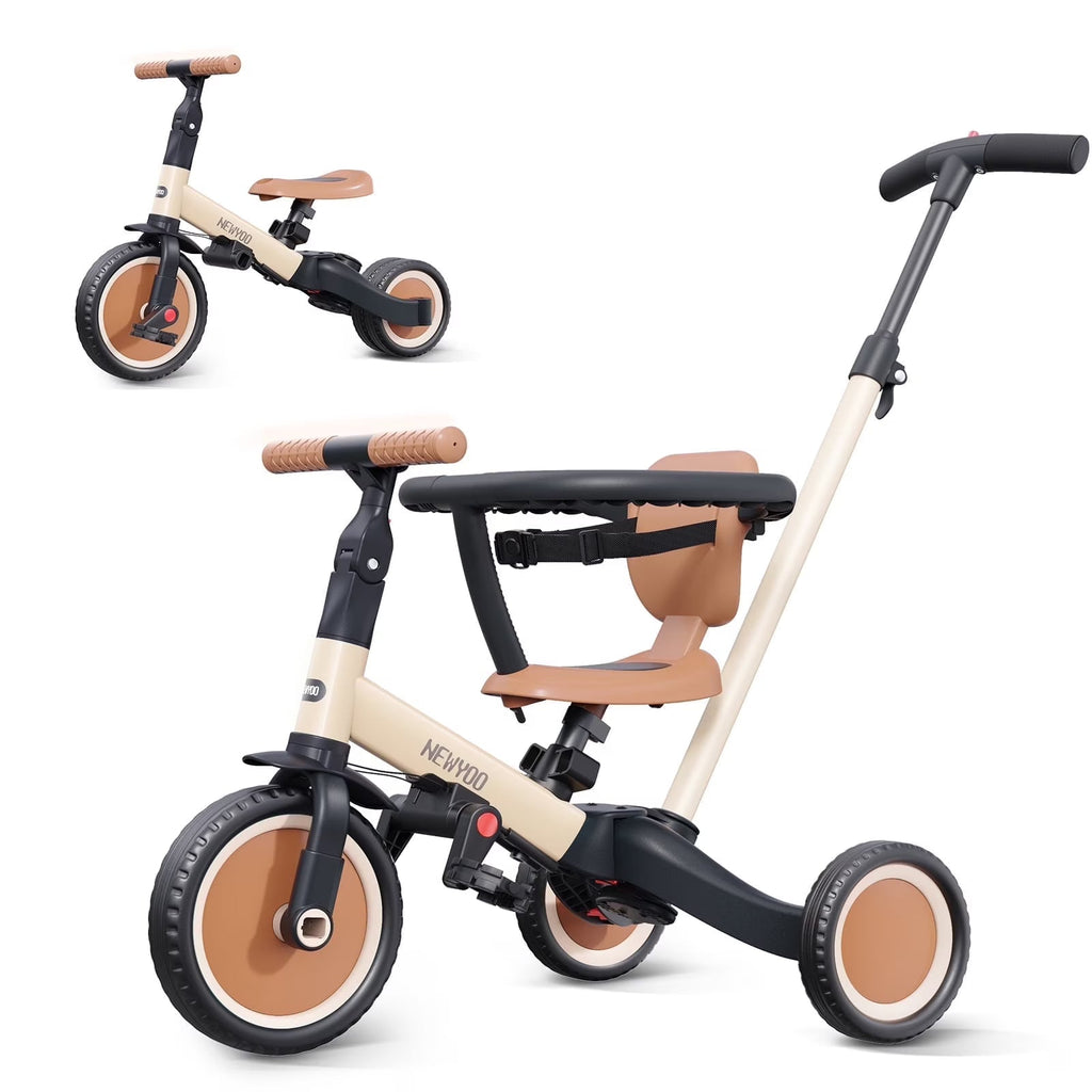 newyoo TR008 5-in-1 Toddler Tricycle with Push Handle, Converts to Balance Bike for 1-3 Year Old, Khaki