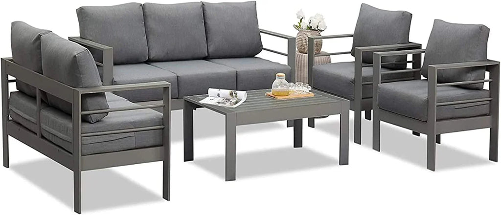 Superjoe Patio Furniture Aluminum Sofa All-Weather Outdoor 3 Seats Couch Gray Metal Chair with Dark Grey Cushions